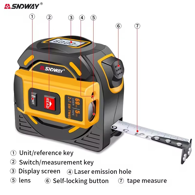 SNDWAY SW-TM40 TM60 الرقمية Ra - مراجعة Laser Distance Meter 2 In 1 Tape وسعره